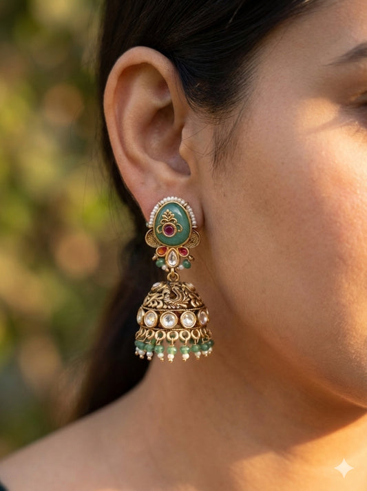 Heritage Gold Jhumka Earrings with Mint green stome