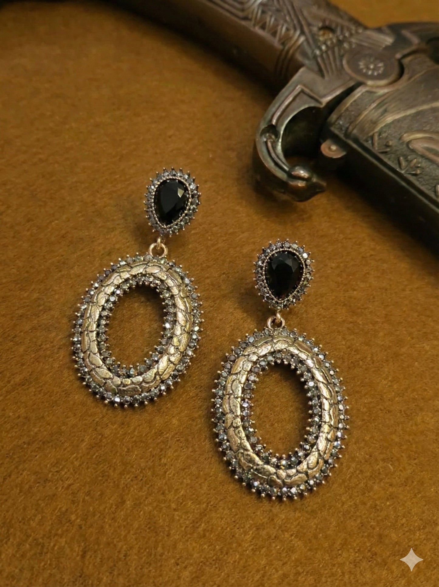Oxidised Oval Drop Earrings in Black Onyx