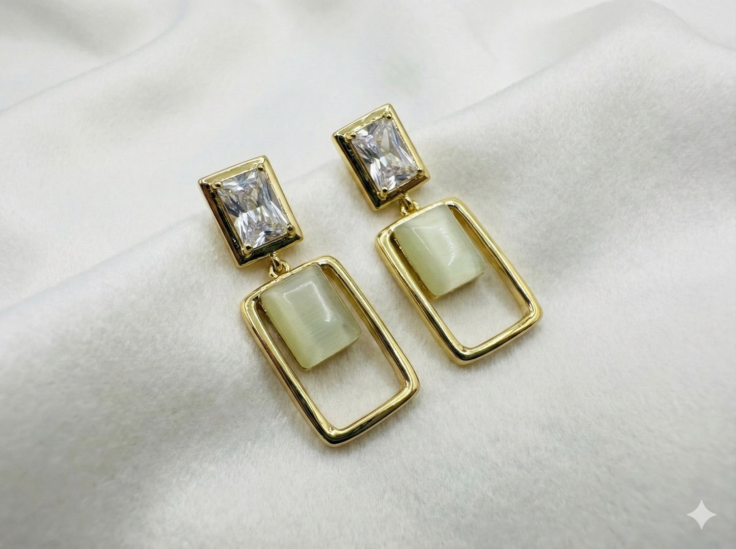 Modern Geometric Gold Drop Earrings with Crystal & Opal-Finish Stone