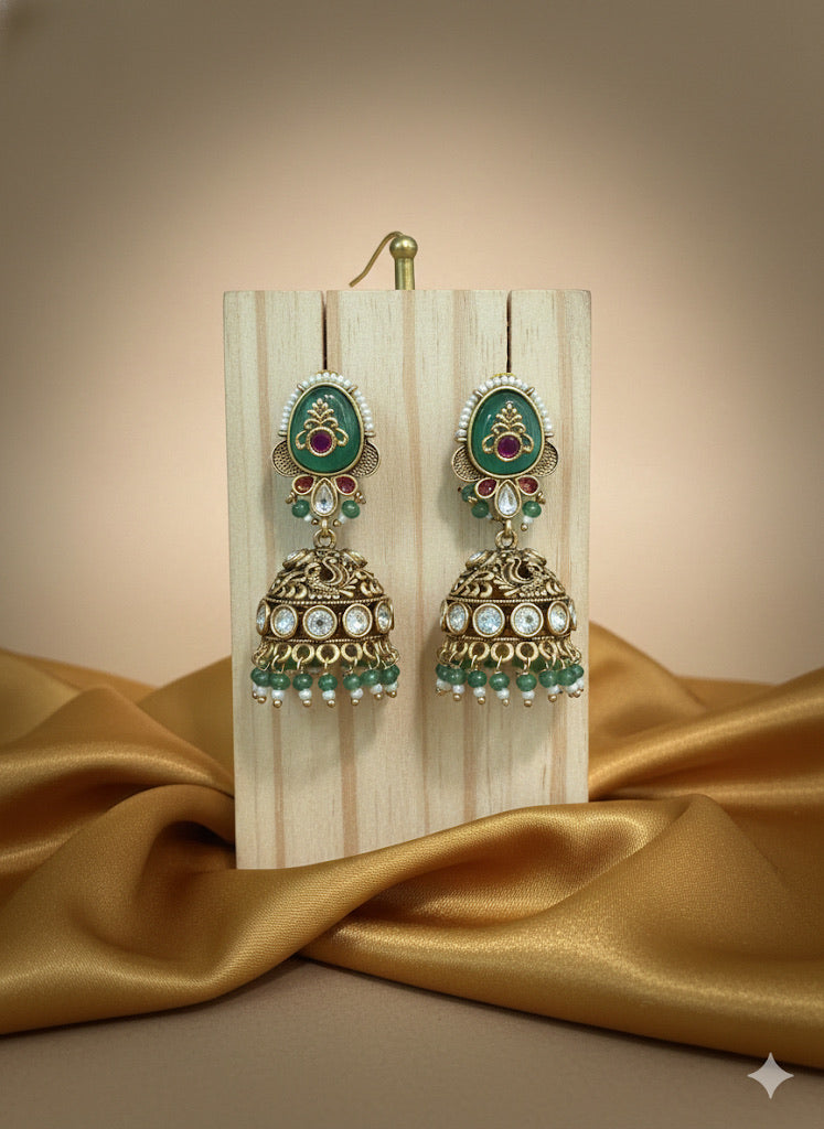 Heritage Gold Jhumka Earrings with Mint green stome