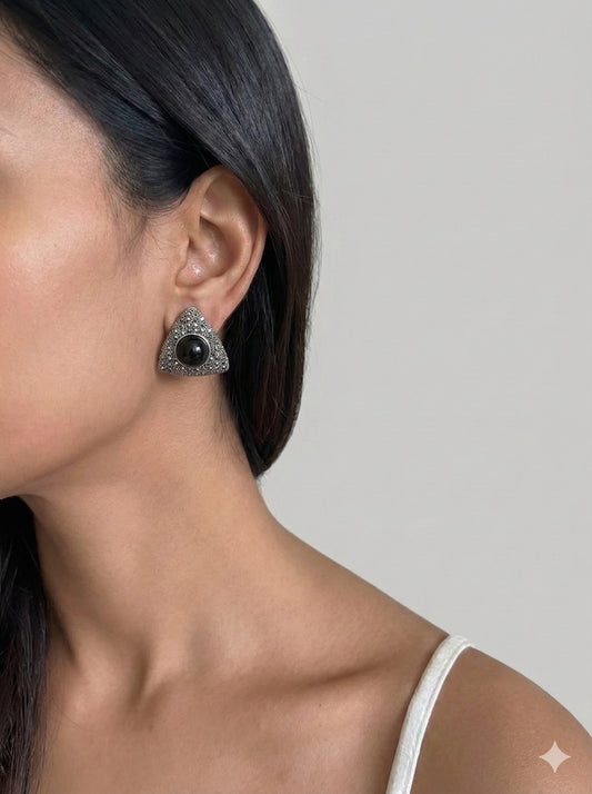 Oxidized Silver Tone Triangle Stud Earrings with Black Stone & Marcasite Detailing