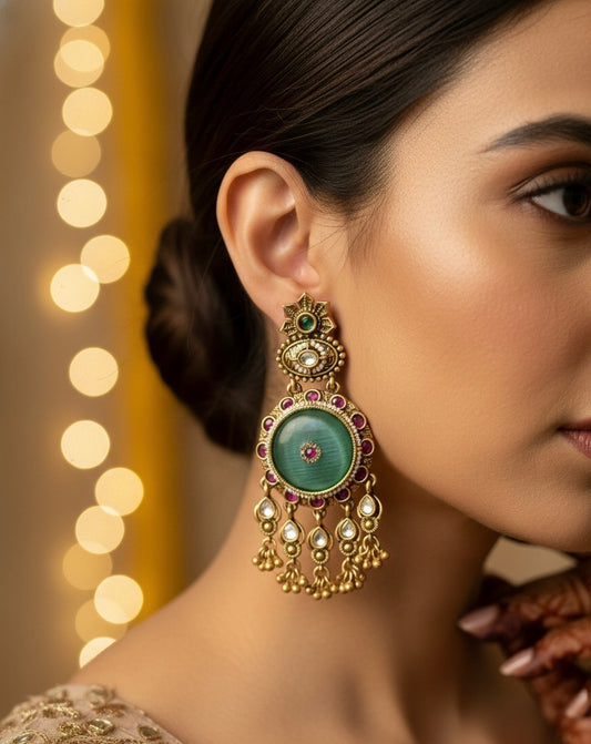 Heritage Rajwadi Earrings with Mint green stone