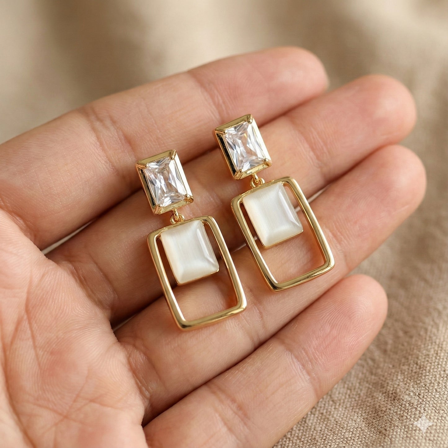 Modern Geometric Gold Drop Earrings with Crystal & Opal-Finish Stone