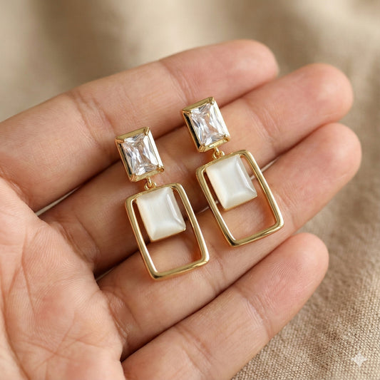 Modern Geometric Gold Drop Earrings with Crystal & Opal-Finish Stone