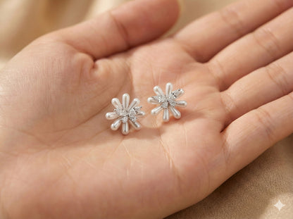White Daisy Floral Stud Earrings with Crystal Center & Pearlescent Petals