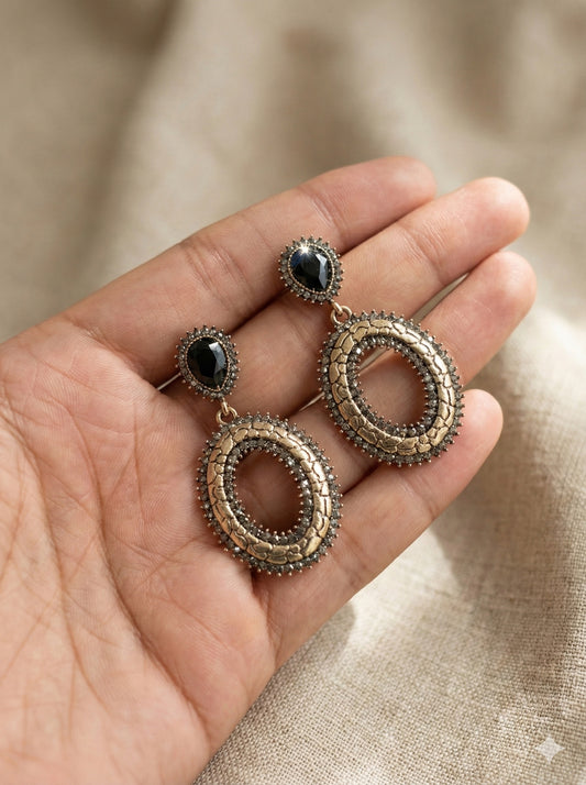 Oxidised Oval Drop Earrings in Black Onyx