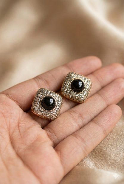 Vintage-Style Textured Gold Square Studs with Black Cabochon