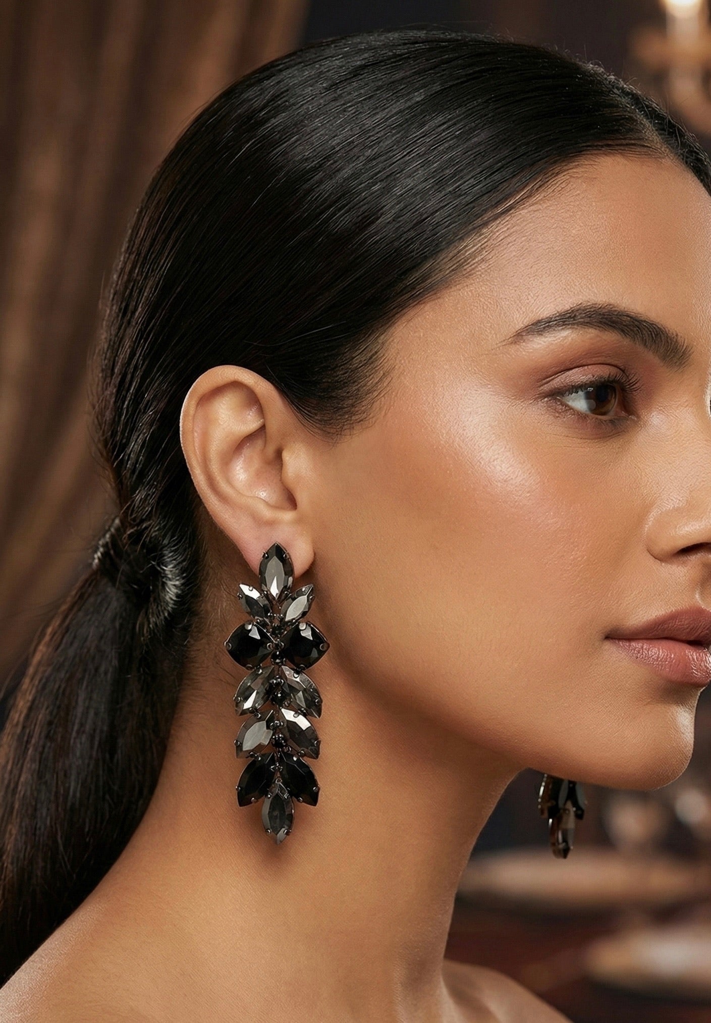 Black Gray Long Crystal Earrings