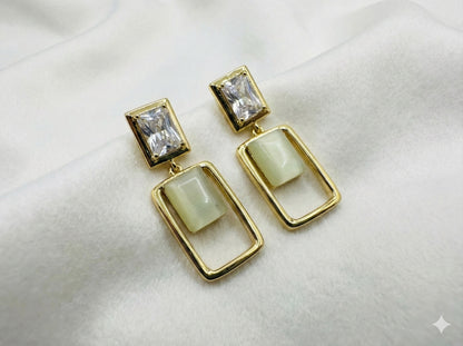 Modern Geometric Gold Drop Earrings with Crystal & Opal-Finish Stone