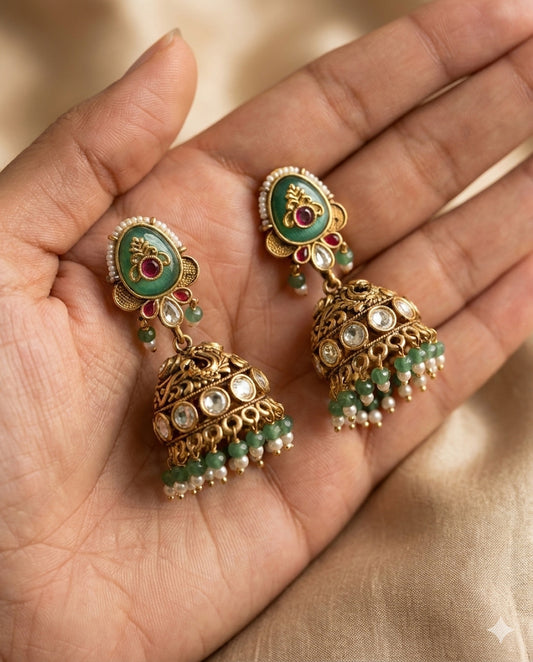 Heritage Gold Jhumka Earrings with Mint green stome