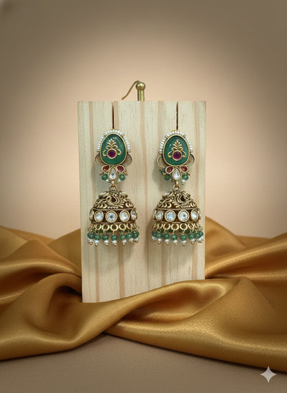 Heritage Gold Jhumka Earrings with Mint green stome