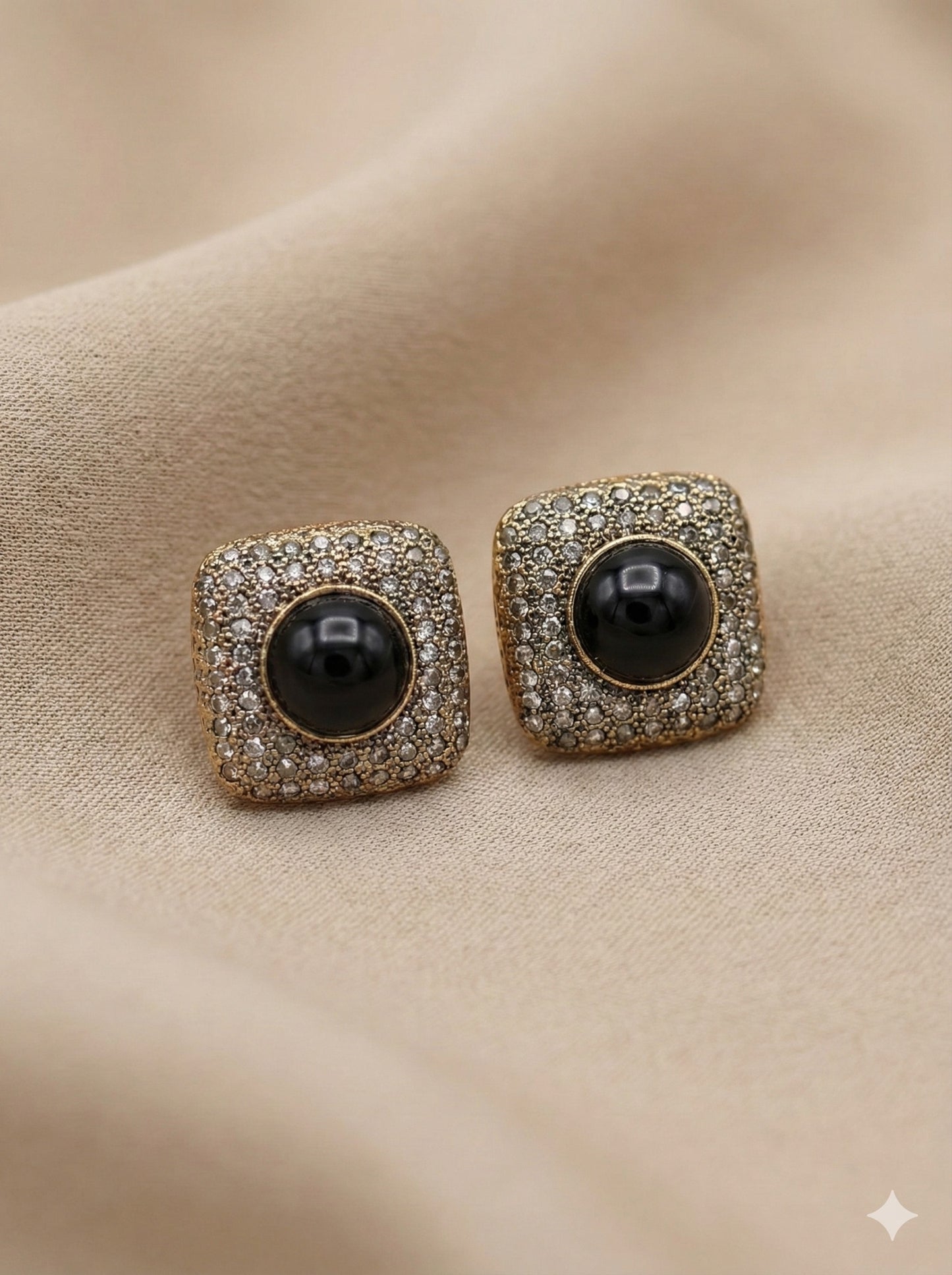 Vintage-Style Textured Gold Square Studs with Black Cabochon