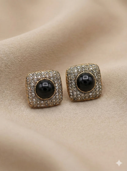 Vintage-Style Textured Gold Square Studs with Black Cabochon