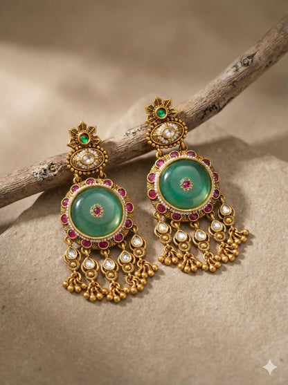 Heritage Rajwadi Earrings with Mint green stone