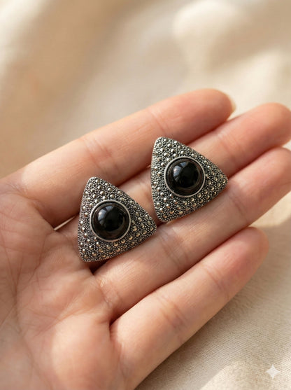 Oxidized Silver Tone Triangle Stud Earrings with Black Stone & Marcasite Detailing