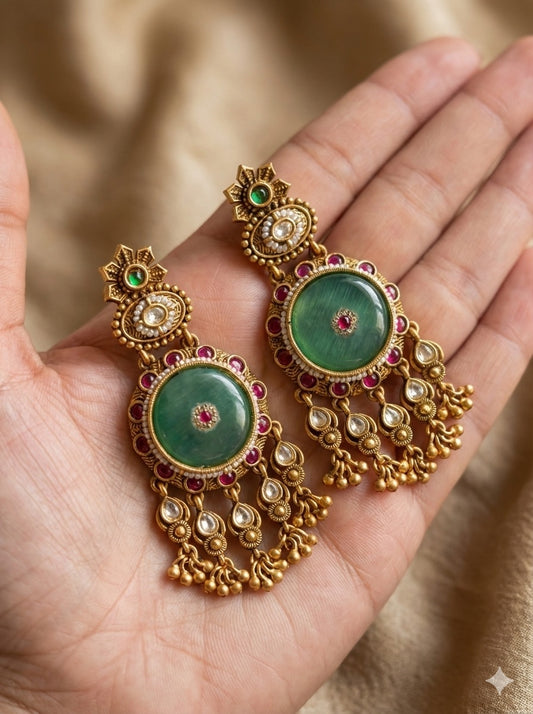 Heritage Rajwadi Earrings with Mint green stone