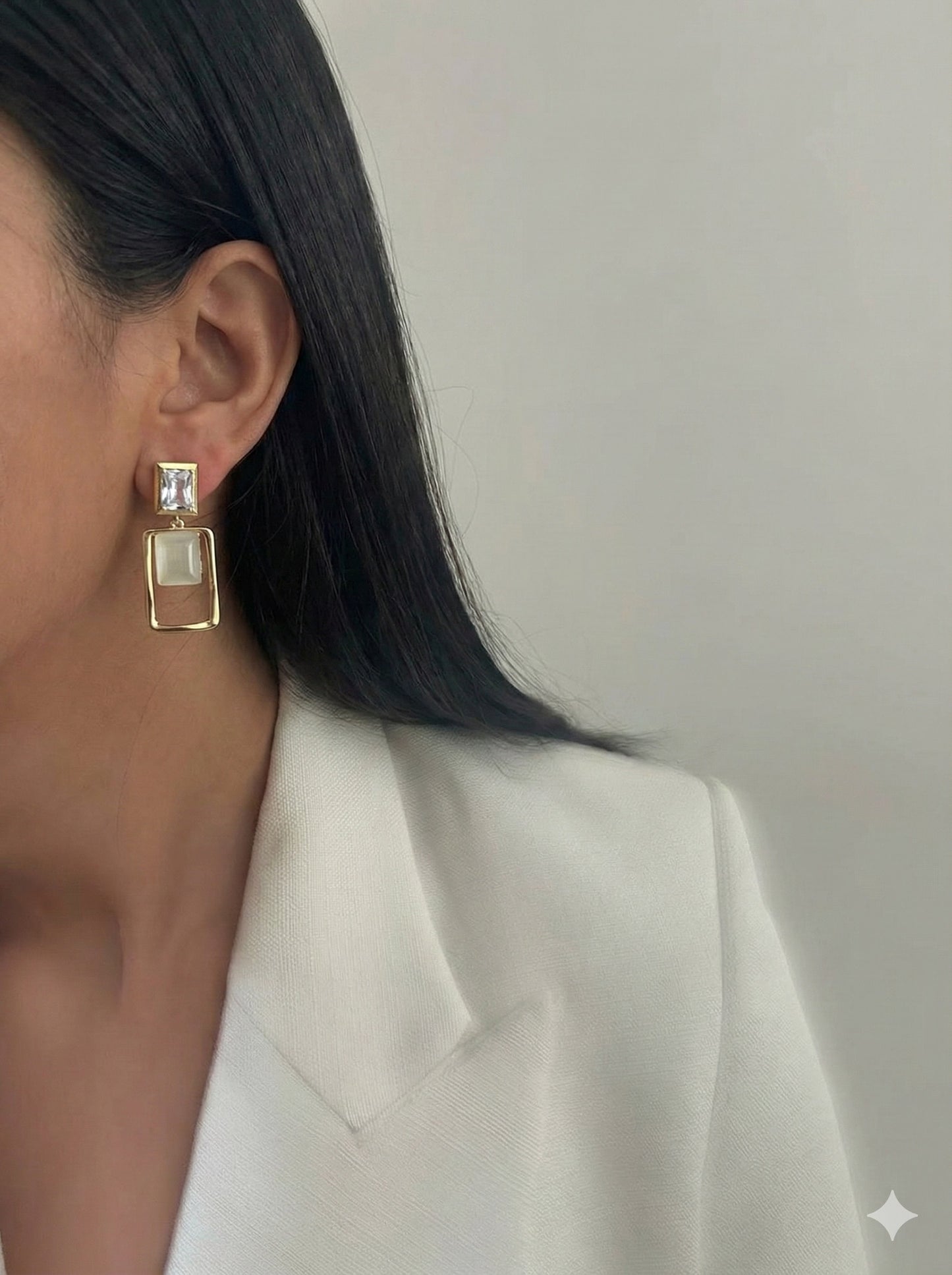 Modern Geometric Gold Drop Earrings with Crystal & Opal-Finish Stone