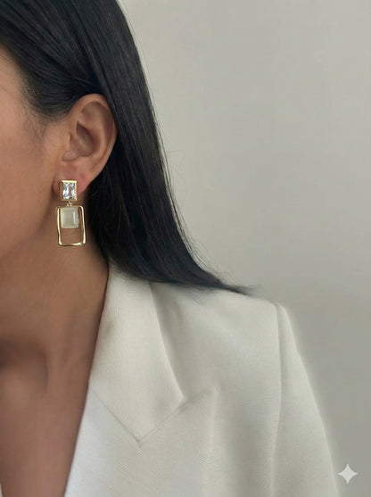 Modern Geometric Gold Drop Earrings with Crystal & Opal-Finish Stone