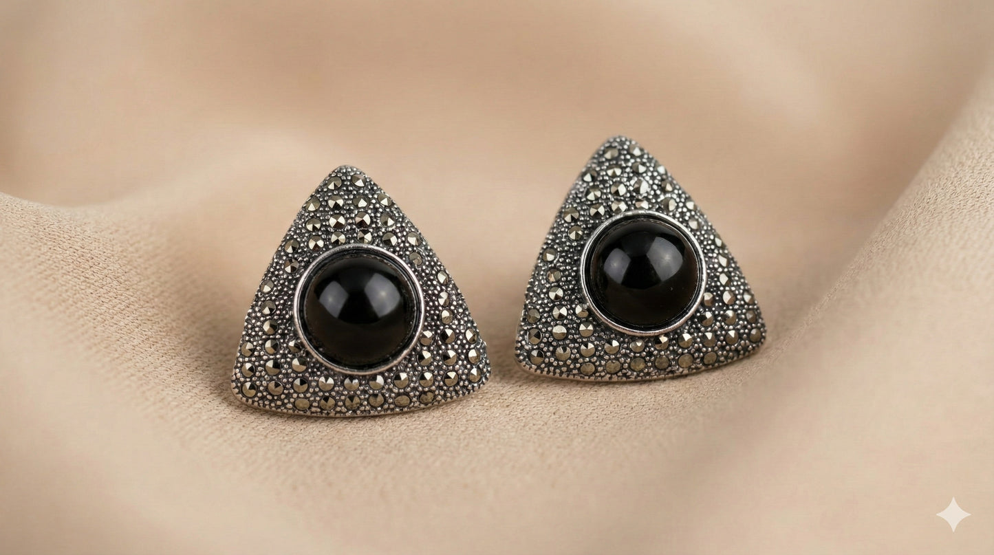 Oxidized Silver Tone Triangle Stud Earrings with Black Stone & Marcasite Detailing