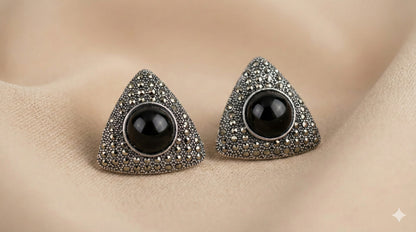 Oxidized Silver Tone Triangle Stud Earrings with Black Stone & Marcasite Detailing
