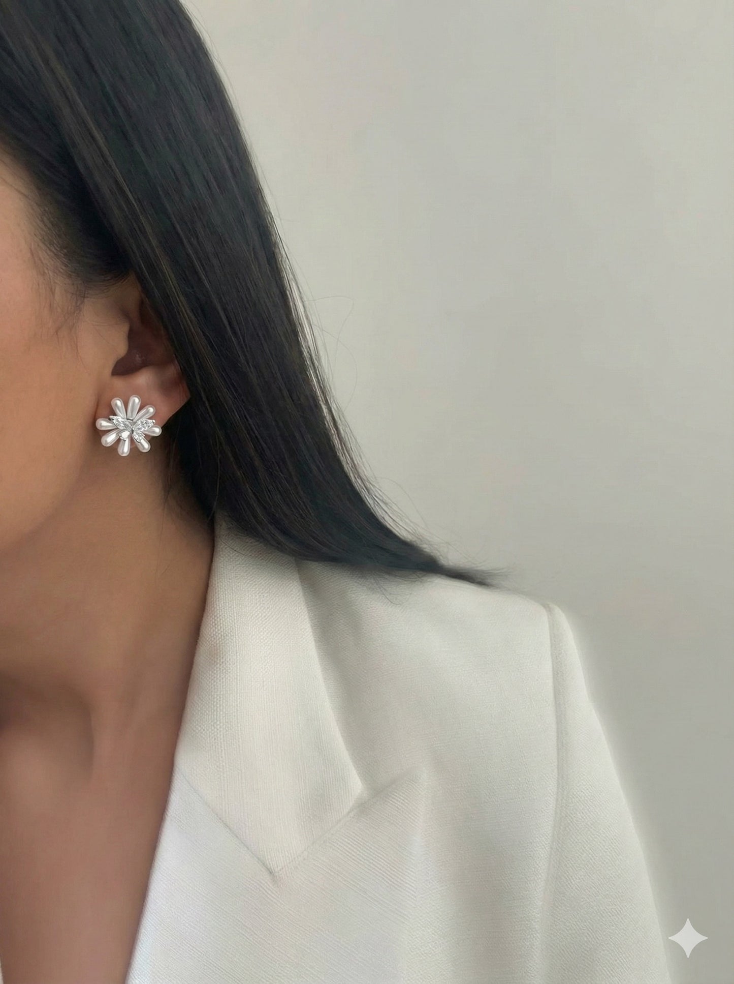 White Daisy Floral Stud Earrings with Crystal Center & Pearlescent Petals