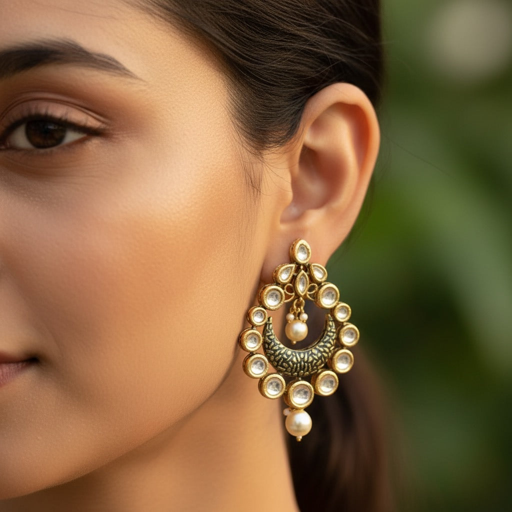 Traditional Kundan Moonshaped Earrings