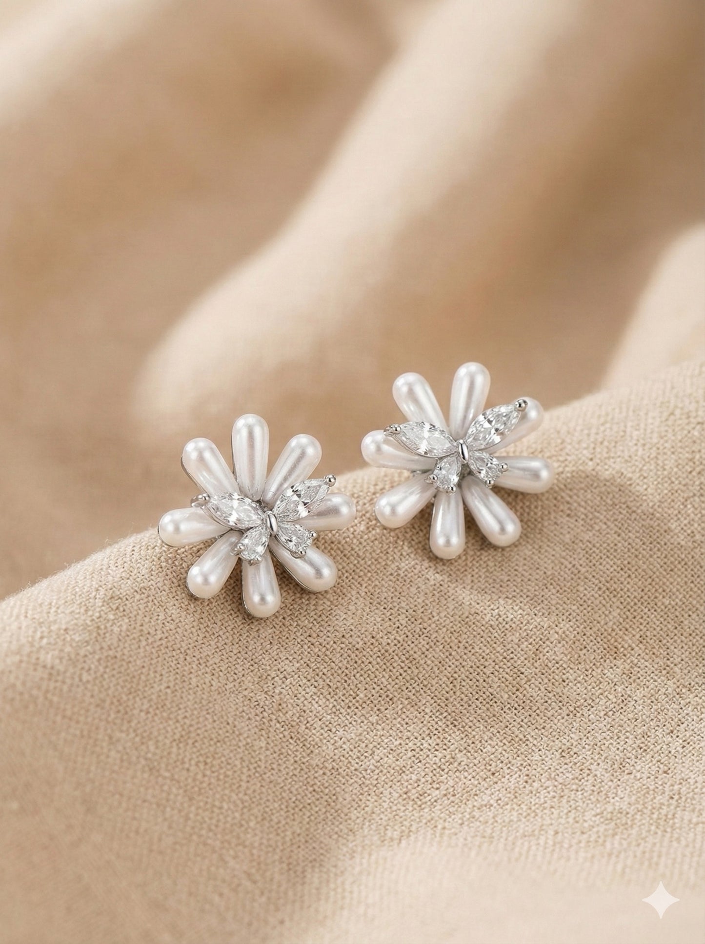 White Daisy Floral Stud Earrings with Crystal Center & Pearlescent Petals