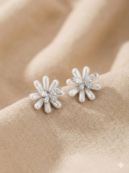 White Daisy Floral Stud Earrings with Crystal Center & Pearlescent Petals