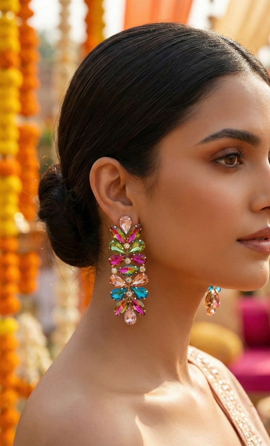 Multi colour crystals long earrings